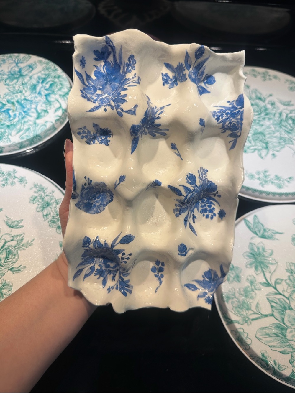 Blue Floral Clay Egg Tray